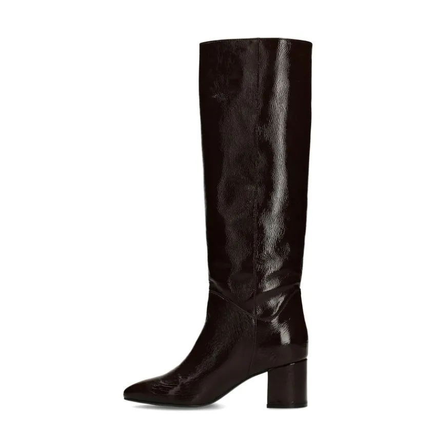 Manfield Bruine lakleren hoge laarzen met hak^DAMES Laarzen