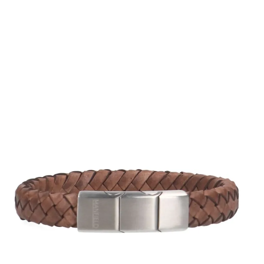 Manfield Bruine leren gevlochten heren armband^ Sieraden