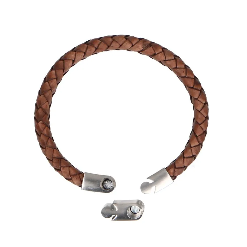 Manfield Bruine leren gevlochten heren armband^ Sieraden
