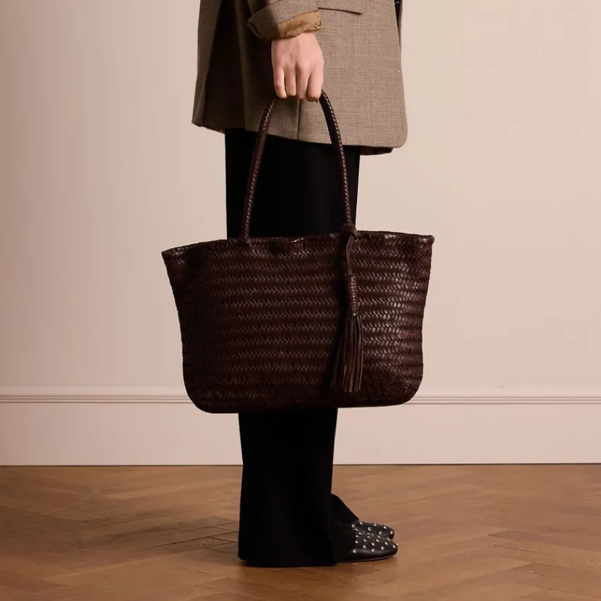 Manfield Bruine leren gevlochten handtas^ Handtassen