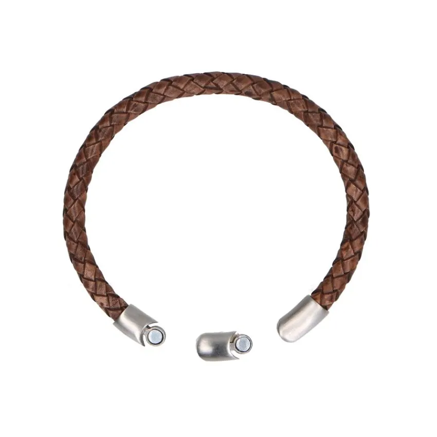 Manfield Bruine leren gevlochten heren armband^ Sieraden