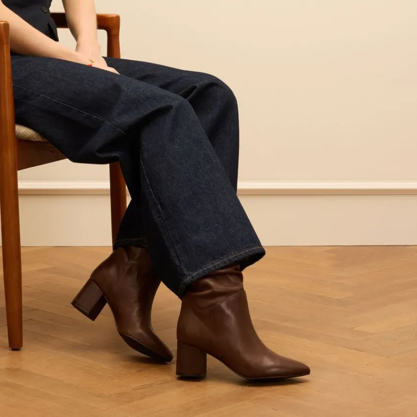 Manfield Bruine leren laarzen met hak^DAMES Laarzen