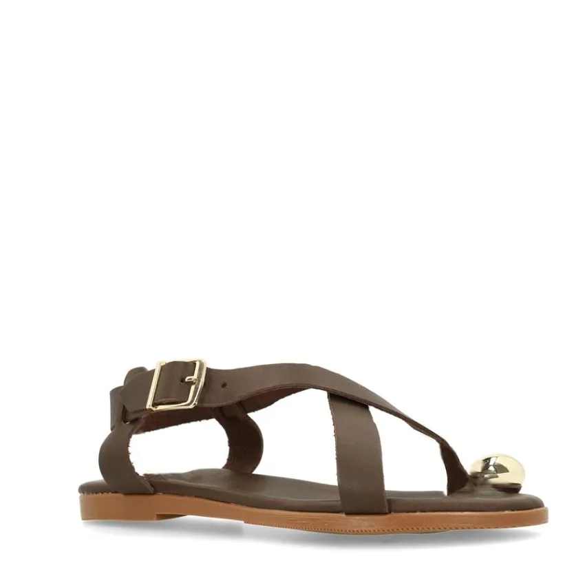 Manfield Bruine leren sandalen met goudkleurig detail^DAMES Sandalen