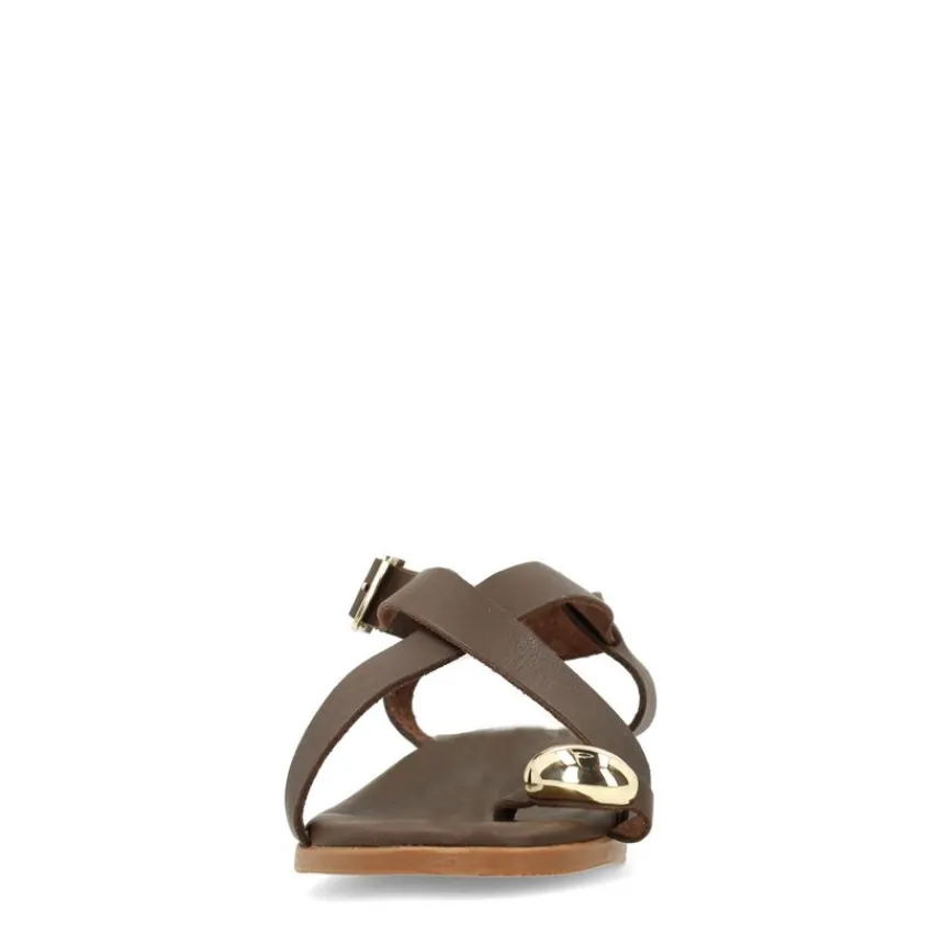 Manfield Bruine leren sandalen met goudkleurig detail^DAMES Sandalen