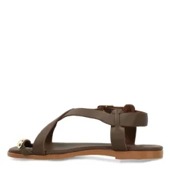 Manfield Bruine leren sandalen met goudkleurig detail^DAMES Sandalen