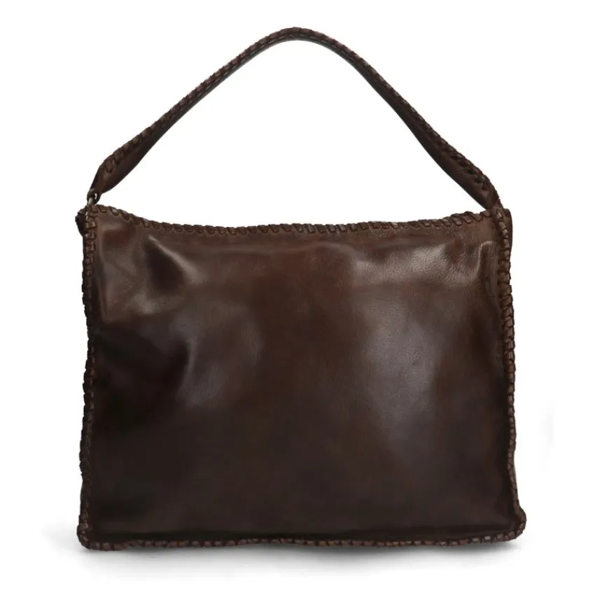 Manfield Bruine leren schoudertas met gevlochten details^ Schoudertassen