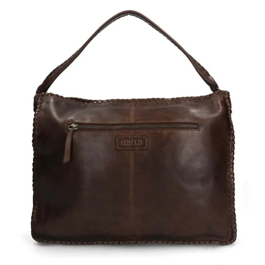 Manfield Bruine leren schoudertas met gevlochten details^ Schoudertassen