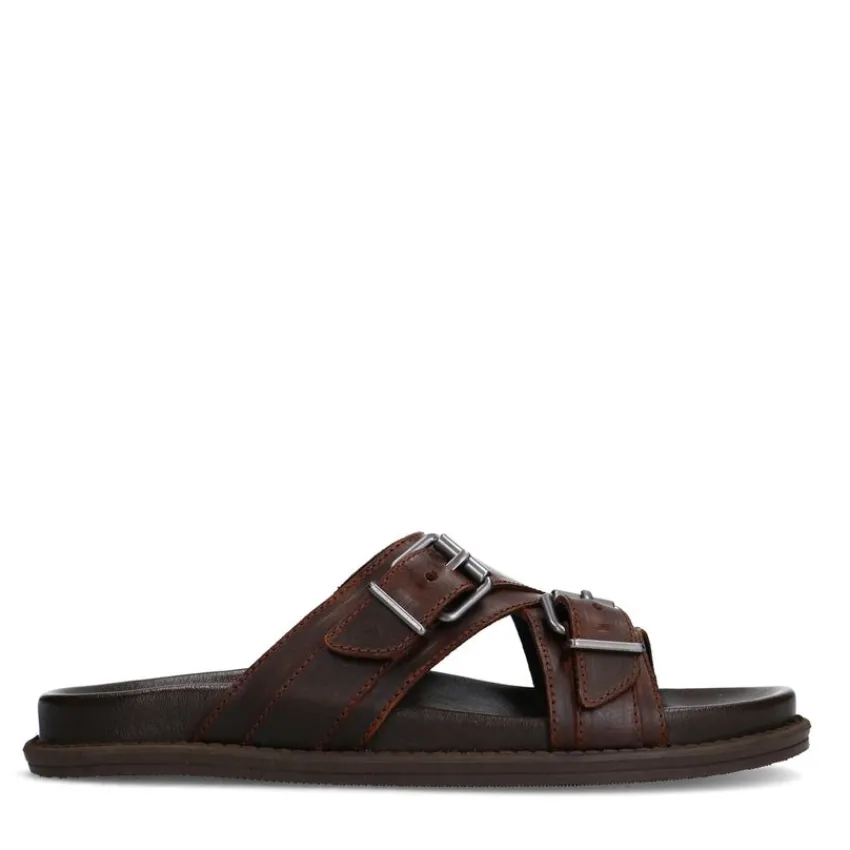 Manfield Bruine leren slippers^Heren Slippers & Sandalen