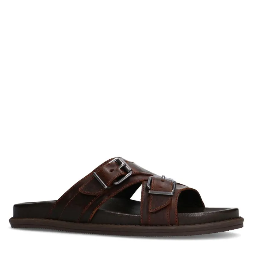 Manfield Bruine leren slippers^Heren Slippers & Sandalen