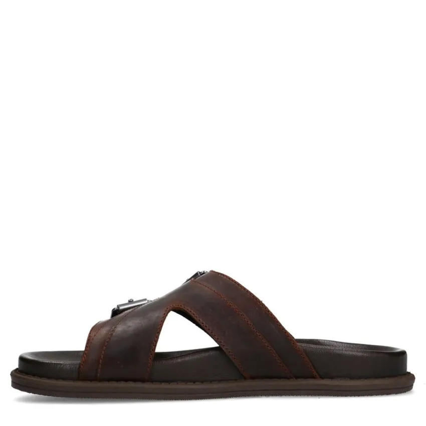 Manfield Bruine leren slippers^Heren Slippers & Sandalen
