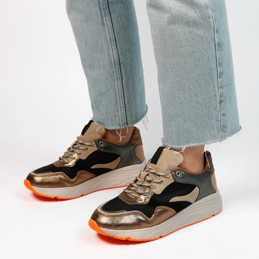 Manfield Bruine leren sneakers met mesh details^DAMES Sneakers