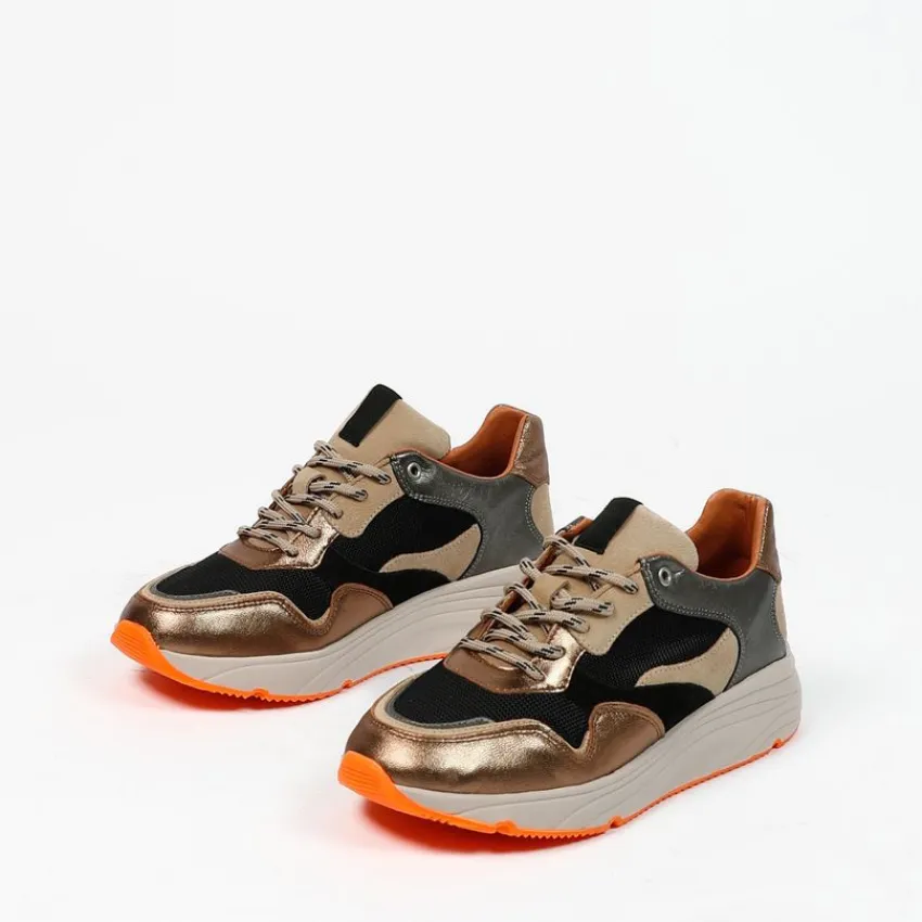 Manfield Bruine leren sneakers met mesh details^DAMES Sneakers