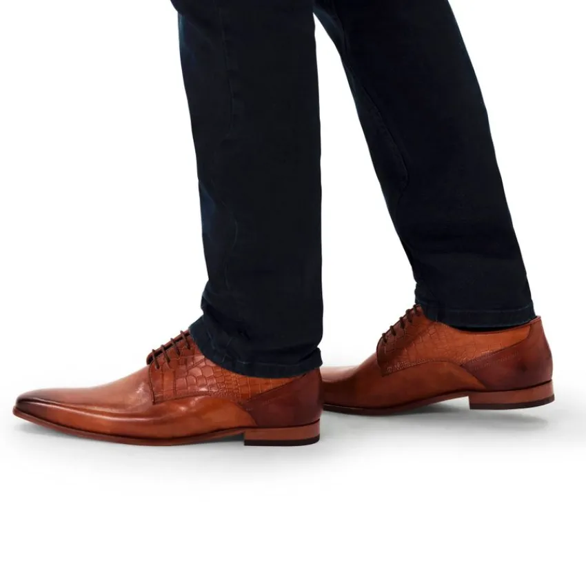 Black label Bruine veterschoenen met snakeskin details^Heren Veterschoenen