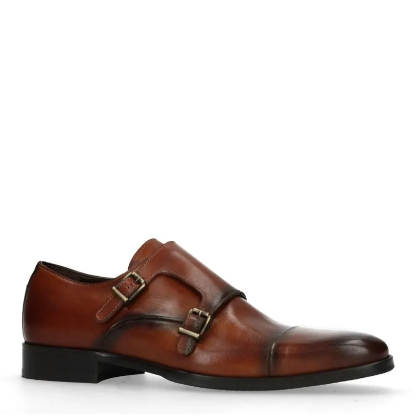 Manfield Cognac gespschoenen van leer^Heren Gespschoenen