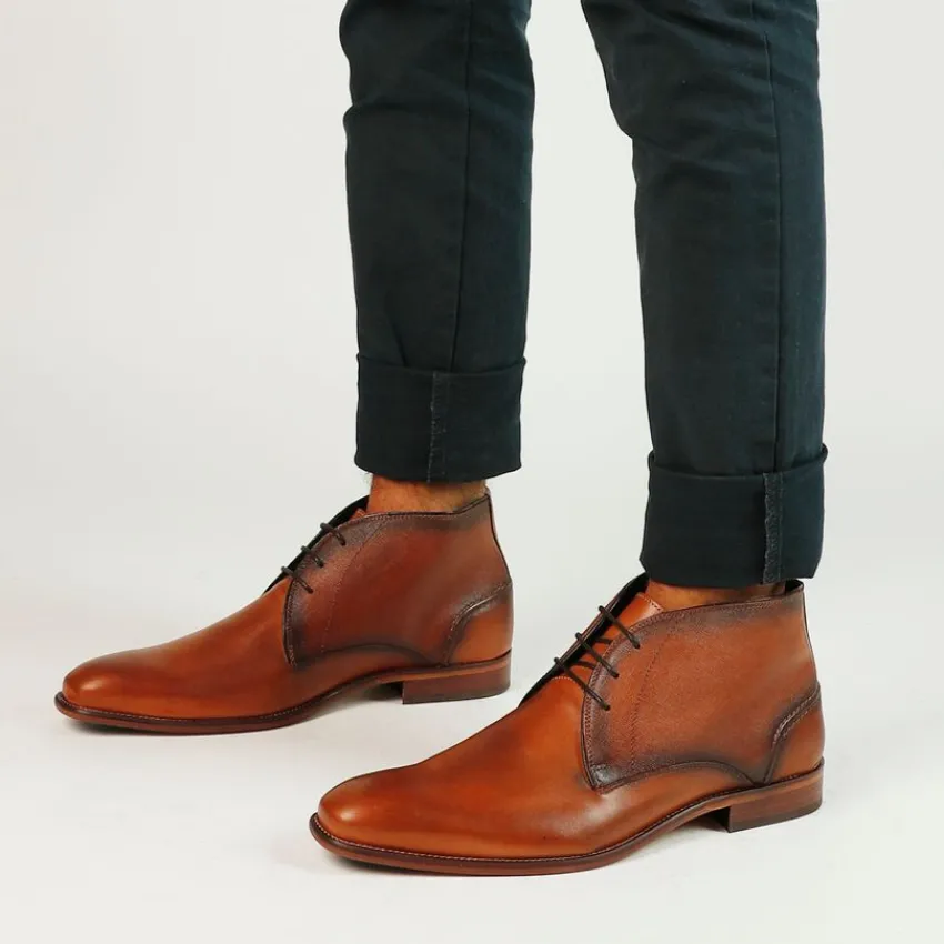 Manfield Cognac hoge veterboots^Heren Boots
