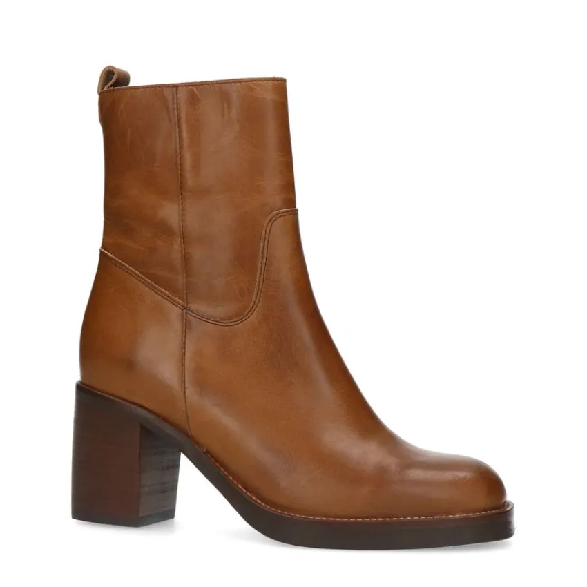 Manfield Cognac leren enkellaarsjes met hak^DAMES Enkellaarsjes