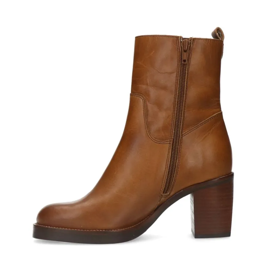 Manfield Cognac leren enkellaarsjes met hak^DAMES Enkellaarsjes