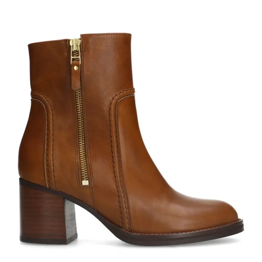Manfield Cognac leren enkellaarsjes met hak^DAMES Enkellaarsjes