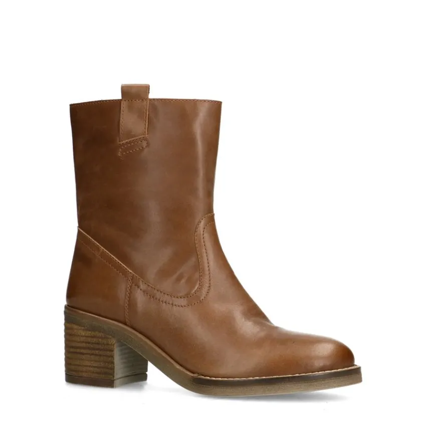 Manfield Cognac leren enkellaarsjes met hak^DAMES Enkellaarsjes