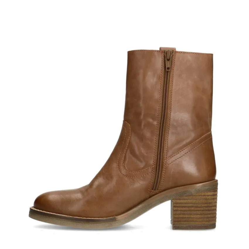 Manfield Cognac leren enkellaarsjes met hak^DAMES Enkellaarsjes