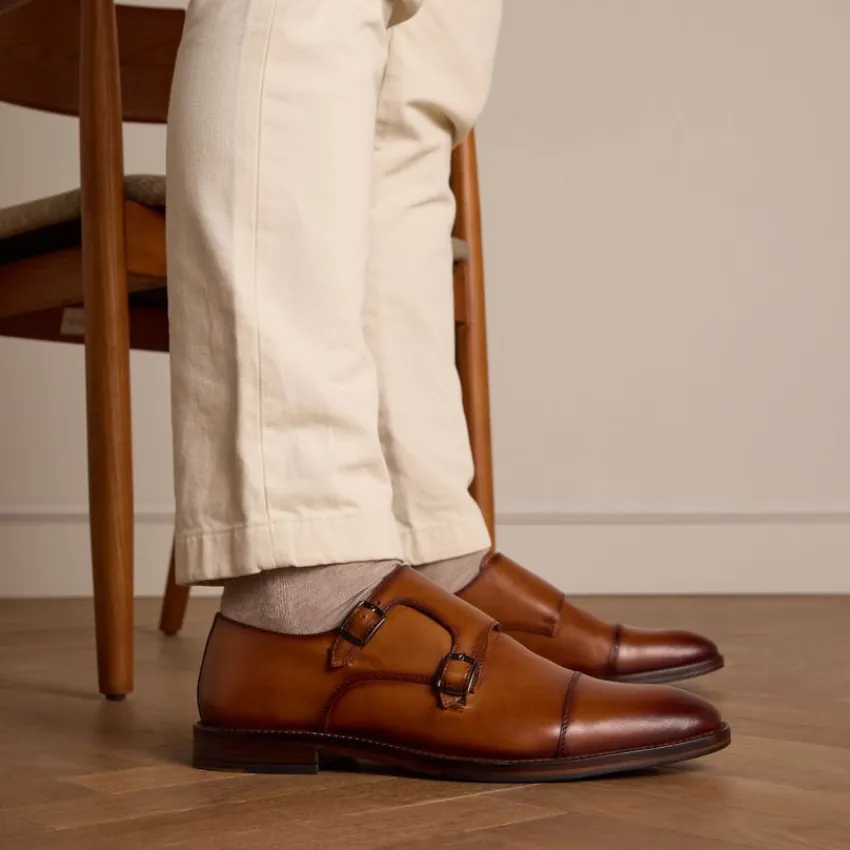 Manfield Cognac leren gespschoenen^Heren Gespschoenen