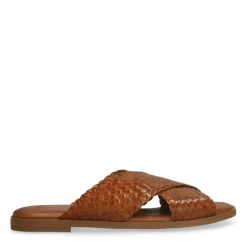 Manfield Cognac leren gevlochten slippers^DAMES Slippers