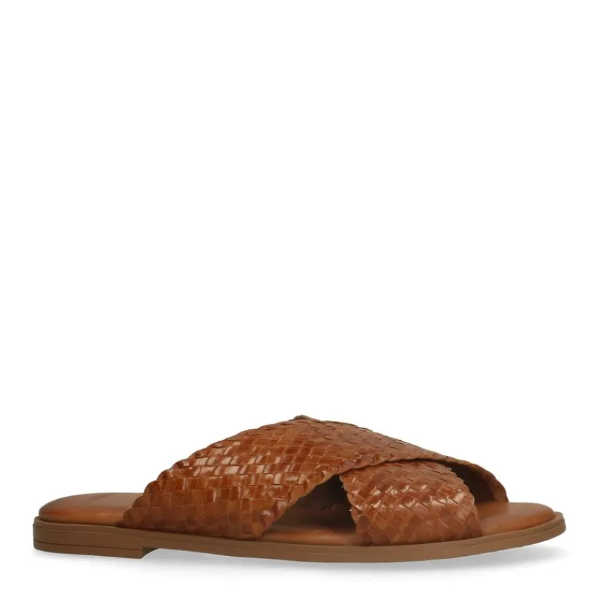 Manfield Cognac leren gevlochten slippers^DAMES Slippers