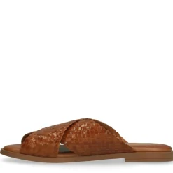 Manfield Cognac leren gevlochten slippers^DAMES Slippers