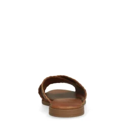 Manfield Cognac leren gevlochten slippers^DAMES Slippers