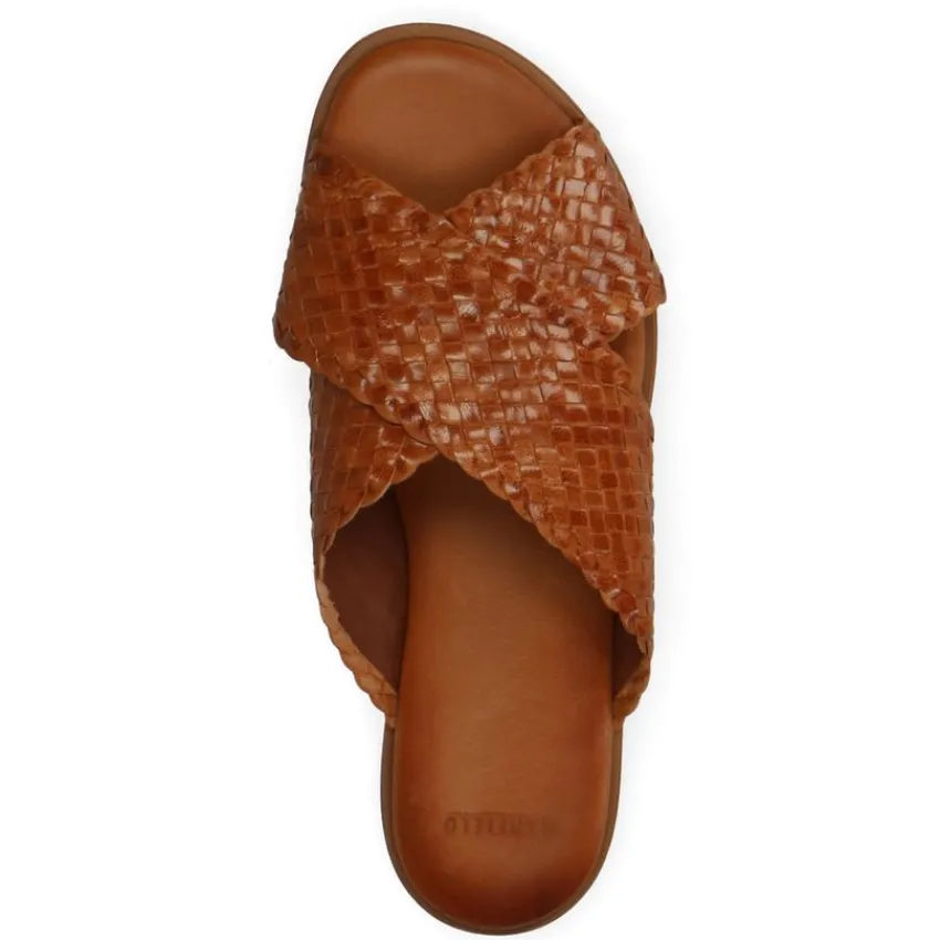 Manfield Cognac leren gevlochten slippers^DAMES Slippers