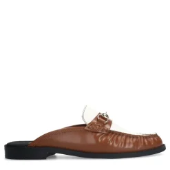 Manfield Cognac leren muiltjes met witte details^DAMES Loafers