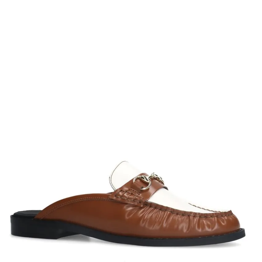 Manfield Cognac leren muiltjes met witte details^DAMES Loafers