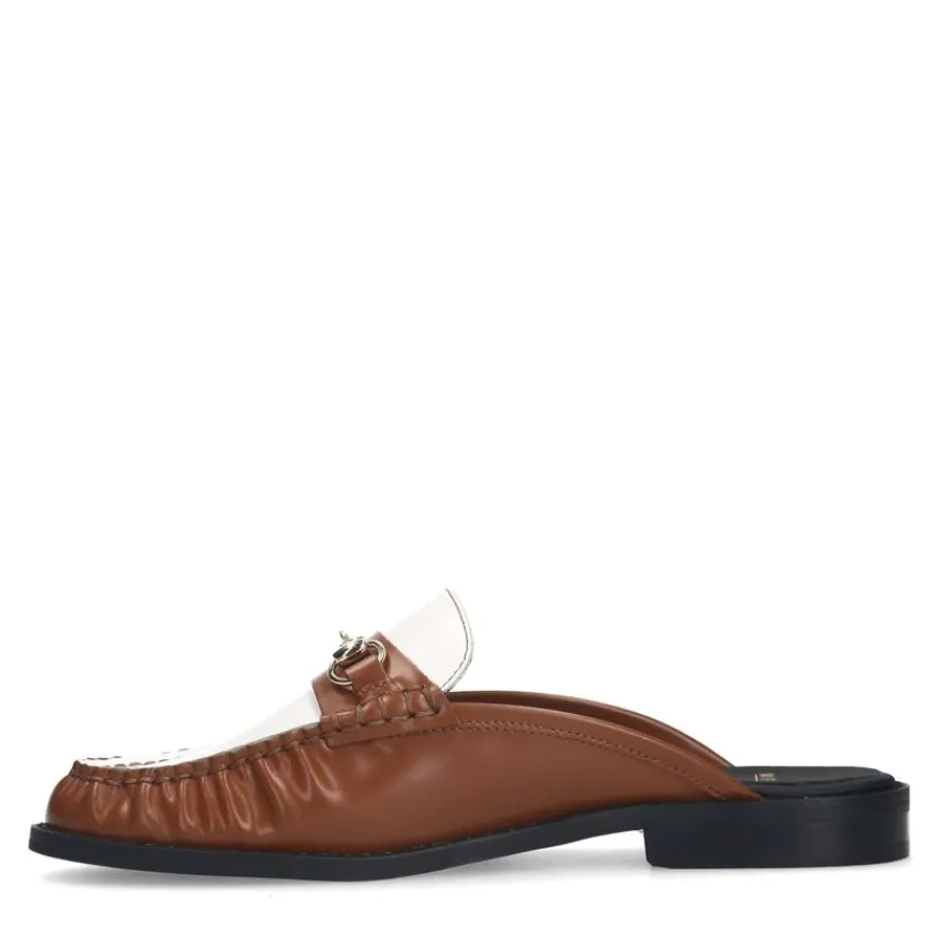 Manfield Cognac leren muiltjes met witte details^DAMES Loafers