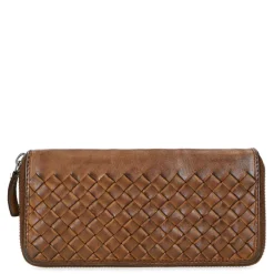 Manfield Cognac leren portemonnee met gewoven structuur^ Portemonnees