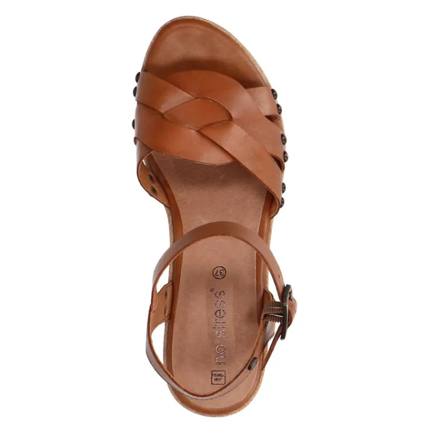 No Stress Cognac leren sandalen met blokhak^DAMES Sandalen