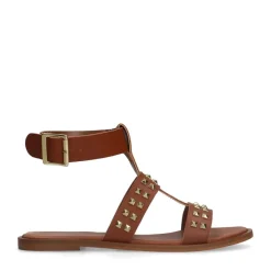 Manfield Cognac leren sandalen met studs^DAMES Sandalen