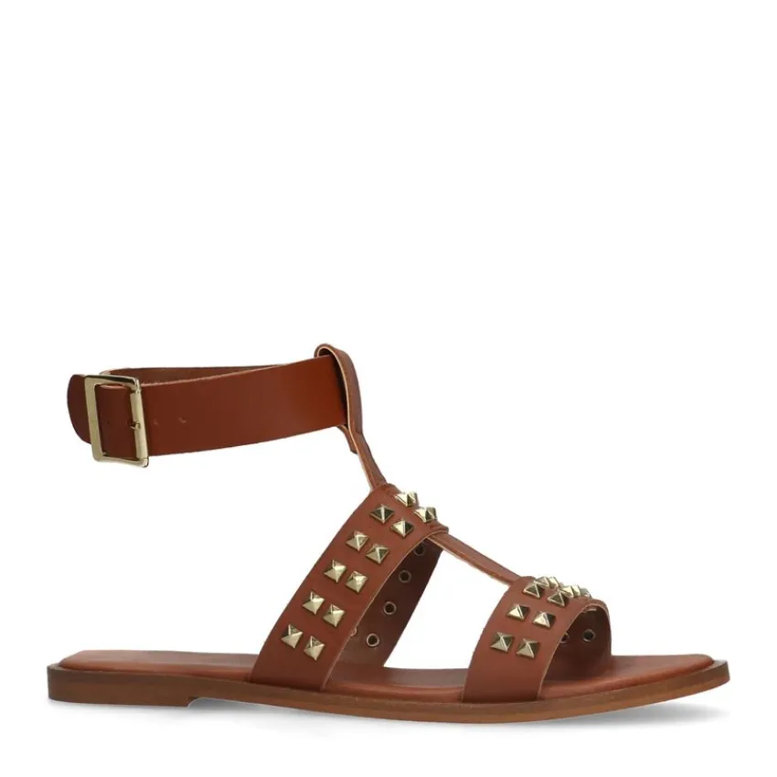 Manfield Cognac leren sandalen met studs^DAMES Sandalen