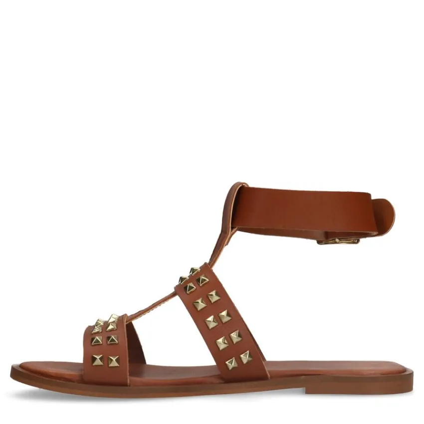 Manfield Cognac leren sandalen met studs^DAMES Sandalen