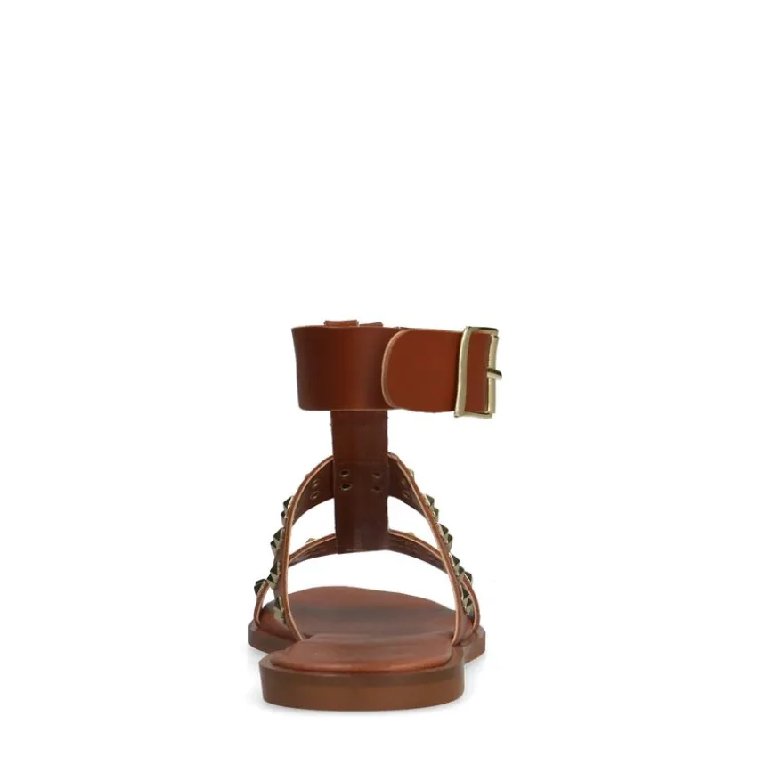 Manfield Cognac leren sandalen met studs^DAMES Sandalen