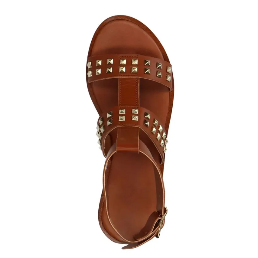 Manfield Cognac leren sandalen met studs^DAMES Sandalen