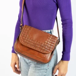 Manfield Cognac leren schoudertas^ Schoudertassen