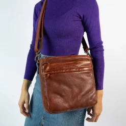 Manfield Cognac leren schoudertas^ Schoudertassen