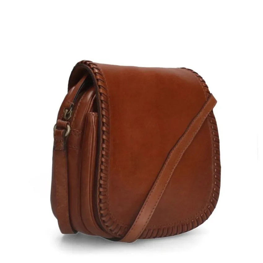 Manfield Cognac leren schoudertas met gevlochten details^ Schoudertassen
