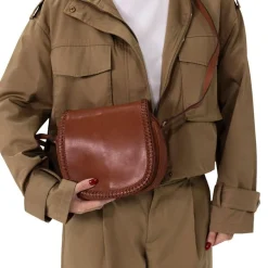 Manfield Cognac leren schoudertas met gevlochten details^ Schoudertassen