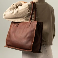 Manfield Cognac leren shopper^ Shoppers