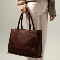 Manfield Cognac leren shopper^ Shoppers
