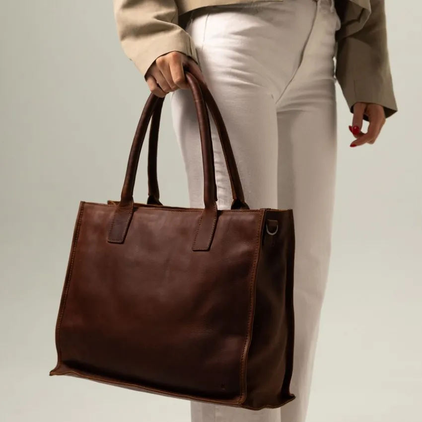 Manfield Cognac leren shopper^ Shoppers