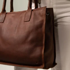 Manfield Cognac leren shopper^ Shoppers