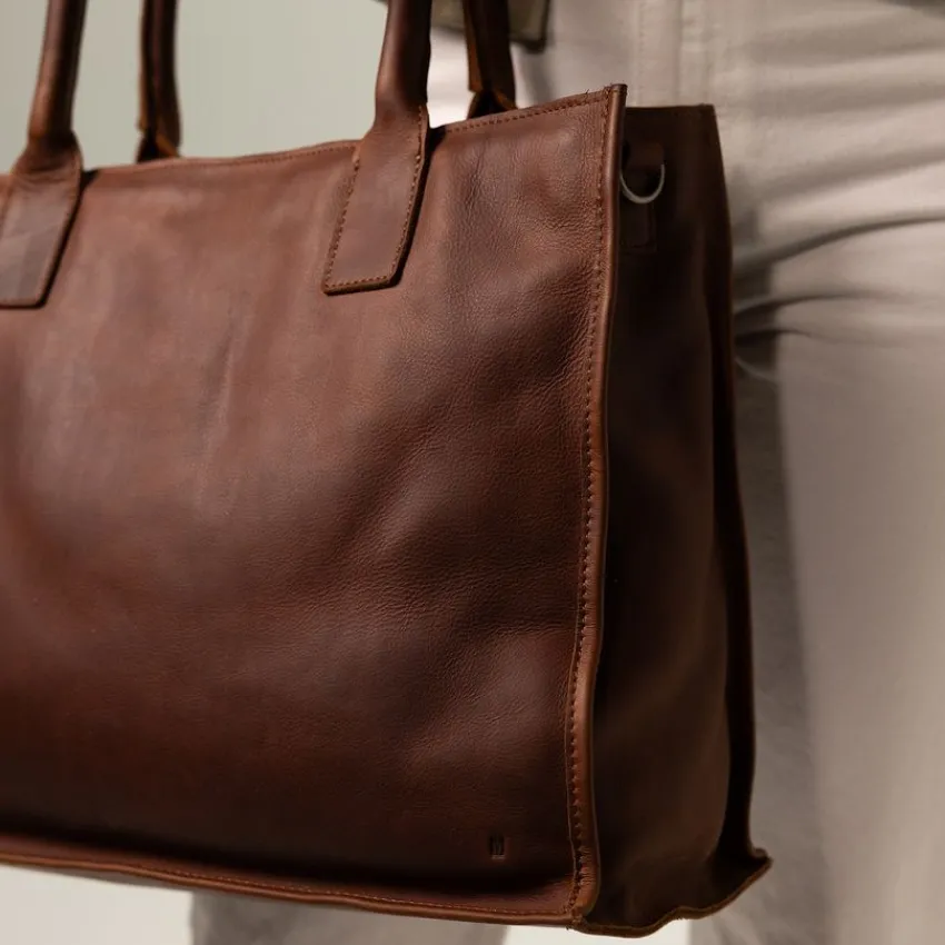 Manfield Cognac leren shopper^ Shoppers