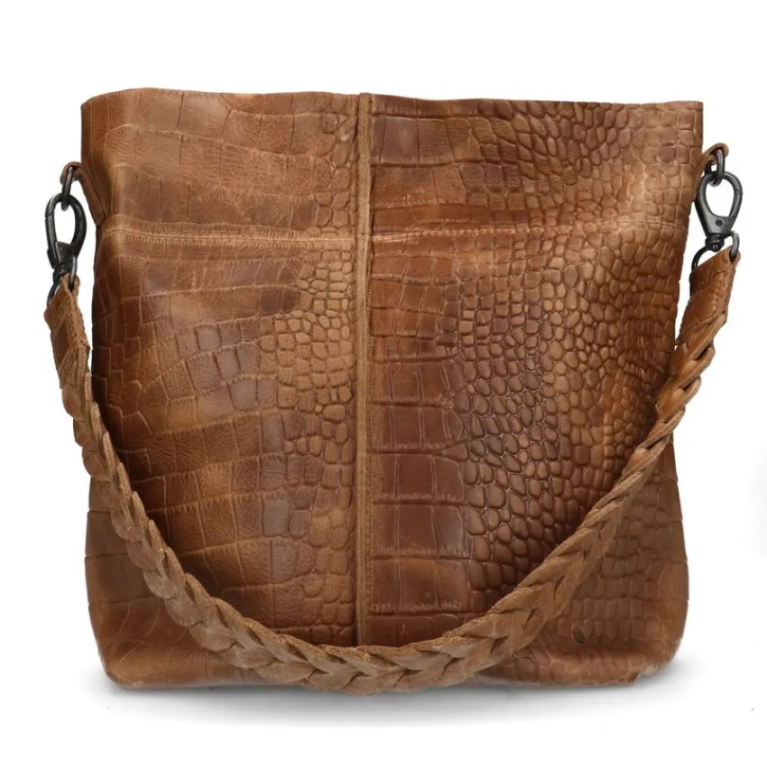Manfield Cognac leren shopper met krokodillenprint^ Handtassen